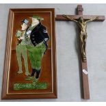Wooden framed tile of 'Pickwick Papers' together with brass figure of Jesus on wooden Cross