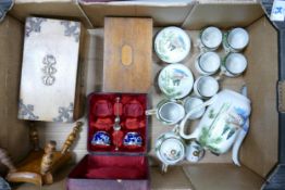 A mixed collection of items of items to include Japanese tea set, small wooden stool and wooden