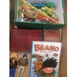 A mixed collection of items to include Toy figures, dinky toy car examples, the beano book 1997