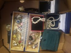 A collection of costume jewellery to include watches, enamelled badges, pearl necklaces, earrings
