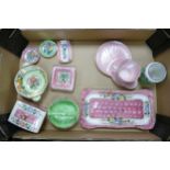 A Collection of Art Deco Maling Peony Rose Decorated items to include, lidded pot, pin dishes,