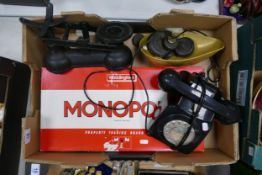 Set of Salter kitchen scales with weights together with vintage telephone and Monopoly boxed game