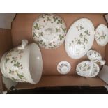 Wedgwood Wild Strawberry pattern items to include large lidded pot, oval trays, basket etc (1 tray).