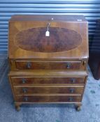 Reproduction Yew Wood Veneered full front bureau with drawers 75cm W x 104cm h x 41cm D