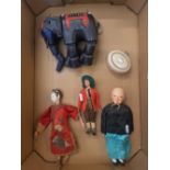 A collection of collectors items to include 3 antique dolls, an Indian carved hardwood elephant