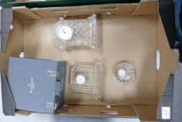 Three Waterford Crystal mantle clocks. One boxed, height of tallest 18cm