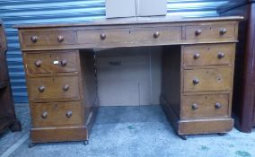 Leather Top Mid Century Oak Pedestal Desk with 9 drawers 122cm W x 60cm