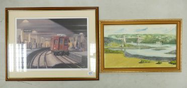 Framed limited edition Stuart Hine subway themed print together with framed oil on board signed E