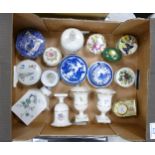 A mixed collection of items to include Limogues lidded boxes, blue & white pin dishes, vases,
