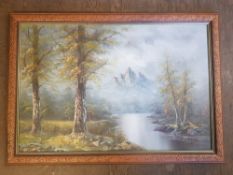 Oil on Canvas Mountain Lake scene (indistictly signed H. Gailby)