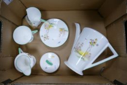 Shelley Eve Shaped 2235 patterned Coffee pot, cream jugs & cups & saucers (1 cup damaged)