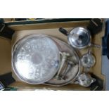 A collection of silver plated items to include serving trays, teapot, vases etc ( 1 tray)