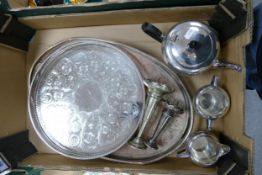 A collection of silver plated items to include serving trays, teapot, vases etc ( 1 tray)