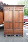 Oak 1 drawer two door wardrobe. 19.6cm high, 49cm deep, 1.23cm wide