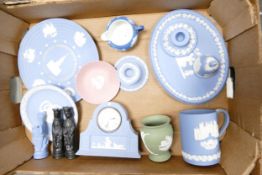 A mixed collection of Wedgwood Jasperware to include tankards, mantle clock, Chess pieces, pink