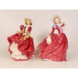 Two Royal Doulton lady figures, Top o' the Hill HN1834 together with Autumn Breezes HN1934