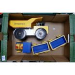 Two wooden Bob Phillips toys. One of a dumper truck and a train ( 1 tray)