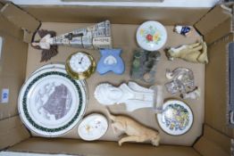 A mixed collection of items to include decorative ornaments, Diana bust, brass wall clock etc