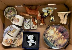 A mixed collection of ceramic items to include Radnor figural bird group, decorative wall plates,