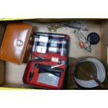 A mixed collection of items to include leather travel bags, tourist type cigarette lighter, letter