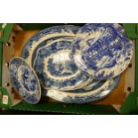 A collection of blue & white items to include large willow platter, Wedgwood Festoon , Chinese