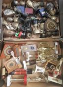 A large collection of darts and football trophies from the 1950s and 1980s (2 trays)