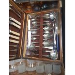 Two sets of 6 mid century gilt decorated glasses together with cased Debesco canteen of Cutlery.