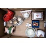 A mixed collection of items to include Wedgwood Clio Pattern lidded box & mantle clock, Silver plate