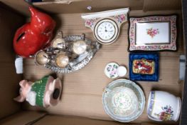 A mixed collection of items to include Wedgwood Clio Pattern lidded box & mantle clock, Silver plate