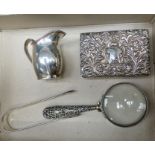 Sterling Silver ornate hinged box wooden lined together with Silver handled magnifying glass,