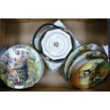 A mixed collection of items to include Royal Doulton series ware plates, coaching scene biscuit