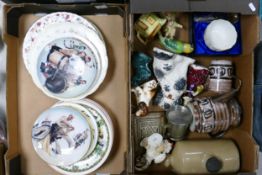 A mixed collection of items to include Decorative wall plates, Staffordshire Dogs, Boxed Aynsley