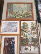A group of 4 pieces of artwork to include an oil on canvas of a Oriental street scene, a framed