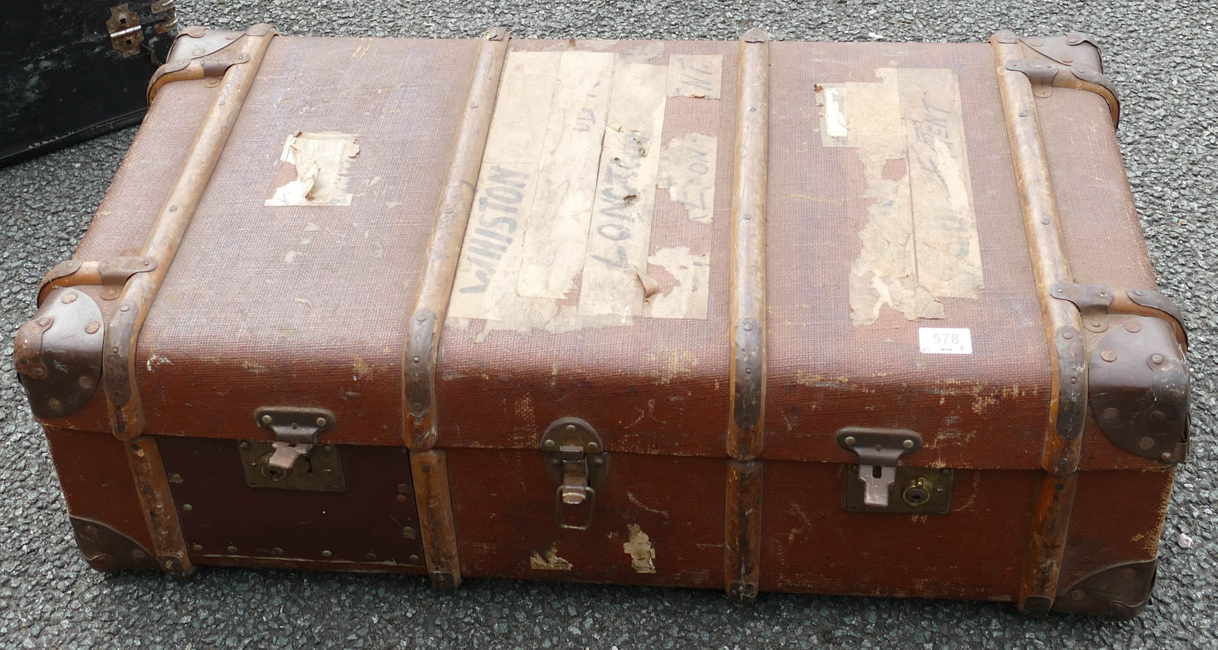 Vintage Brass Locking Travel Trunk, contents includes a quantity of medical sketches length 90cm