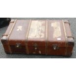 Vintage Brass Locking Travel Trunk, contents includes a quantity of medical sketches length 90cm