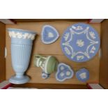 A collection of wedgwood to include Queensware vase, green jasperware jug, blue plate , bell etc