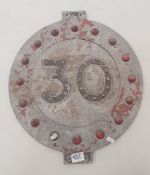 Vintage railway/transport sign with refective 'marbles' to the border, 52cm in height.