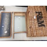 A mixed collection of items to include a F&M picnic hamper, wooden framed glass wash-board and a