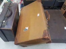 Three pieces of vintage luggage to include large leather suitcase together with initialled wooden