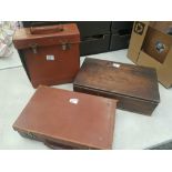 Two small leather cases, one with keys together with a wooden stationary box (3).