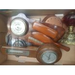 A mixed collection of items to include wooden aneroid barometer, combination barometer and clothes