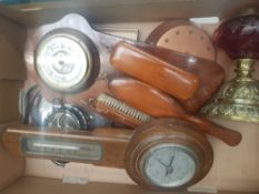 A mixed collection of items to include wooden aneroid barometer, combination barometer and clothes