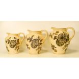 S . F & Co Delhi patterned set of three graduated jugs. Height of tallest 19cm