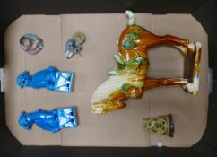 Tang glazed pottery style horse together with Pair of Chinese turquoise blue mid century foo dog