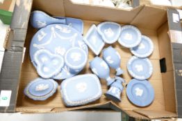 Wedgwood blue jasper ware to include pin dishes, ash tray vases, lidded pots ,plates etc ( 1 tray)