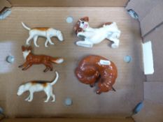 A group of beswick animals to include curled fox, small standing fox, two fox hounds (1 a/f) & a