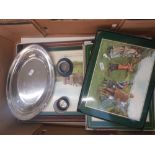 A mixed collection of items to include pictoral placemat sets, and similar hostess tray, silver