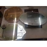 Three vintage frameless mirrors, one with coppertone glass together with a twin handled oak tray (