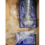 A collection of glass ware to include vases, decanters and a bon bon dish ( 1 tray)