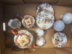 Mid century Oriental tea set comprising tea pot, milk jug, lidded sugar and 4 trios